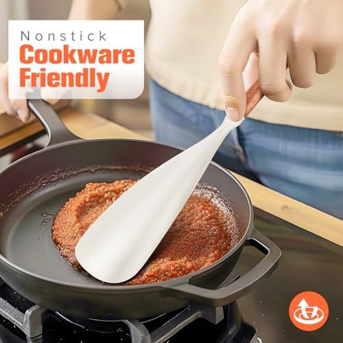 Silicone Cooking Utensils Set of 7, Wooden Handle (White)