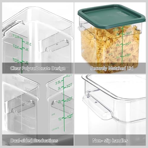 4 Pack Food Storage Containers with Green Lids, 4.0 Qt - Square