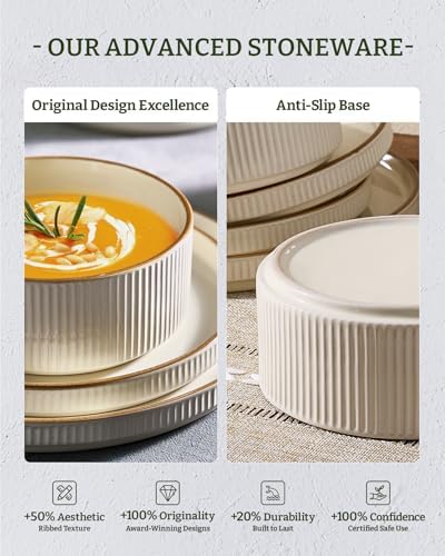 Famiware Stoneware Dinnerware Set for 8, Rimmed Plates, Bowls, Cream Dishes