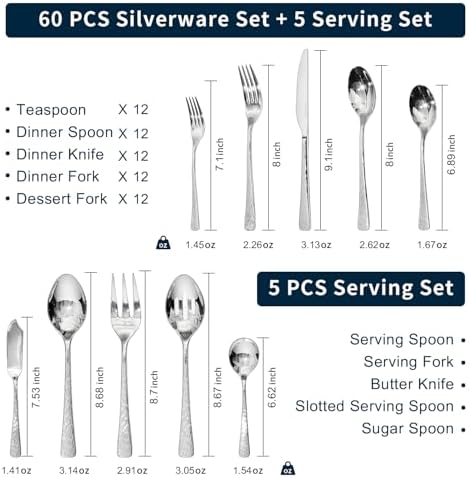 65 Pcs 18/10 Steel Silverware Set with Serving Utensils, Hammered