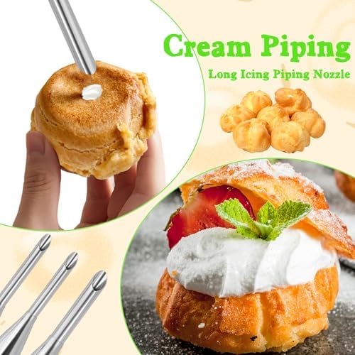 3 Pcs Puff Cream Filling Piping Tips with 50 Piping Bags and Cleaning