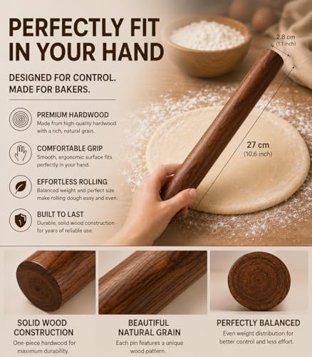 10.6 Inch Straight Rolling Pin – Smooth & Balanced Cute Wooden Dough
