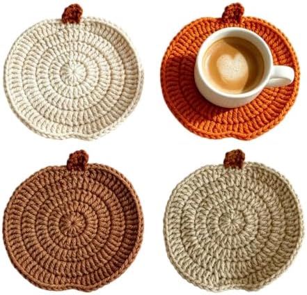 Fall Crochet Coasters Set of 4, Handmade Cute Coasters Absorbent