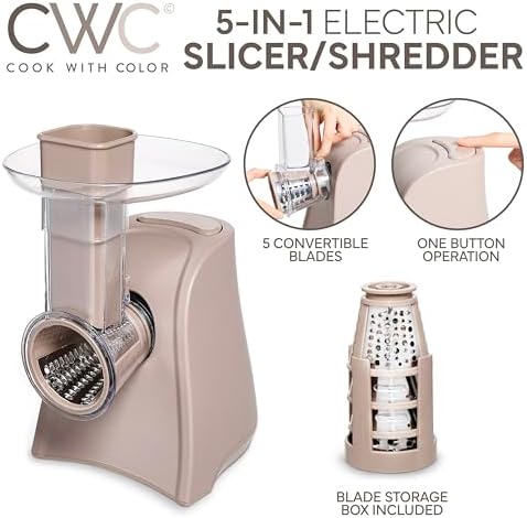 COOK WITH COLOR 5-in-1 Electric Slicer, 150W, Warm Grey