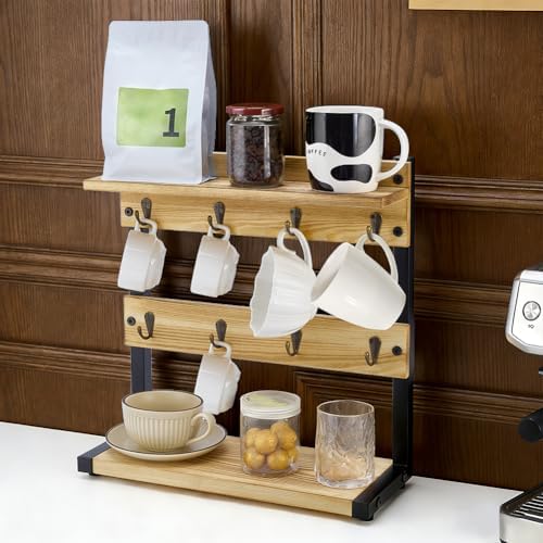 PH PandaHall Rustic Mug Holder Stand 2 Tier Wood Countertop Rack