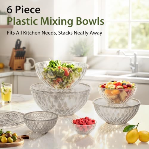 Plastic Mixing Bowls with Lids, 6 Piece Nesting Bowls Set for Kitchen