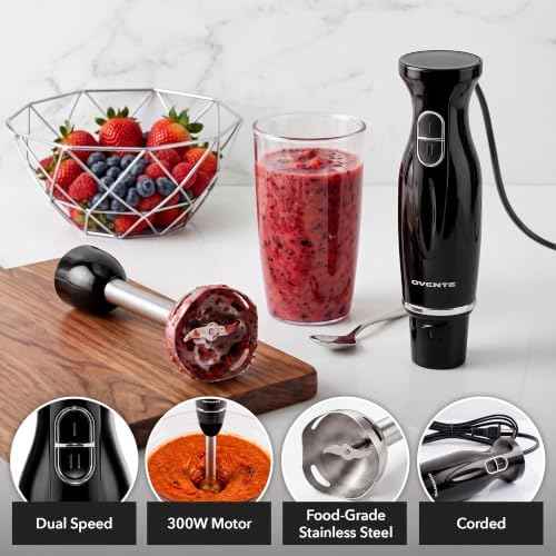 OVENTE Electric Corded Hand Blender, 300W with 2 Mixing Speeds Black