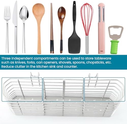 304 Stainless Steel Sink Utensil Holder with Hooks, Dish Drying Rack
