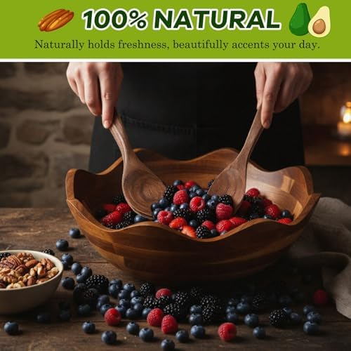 Geiserailie 15 Inches Scalloped Acacia Wood Salad Bowl Set, Serving