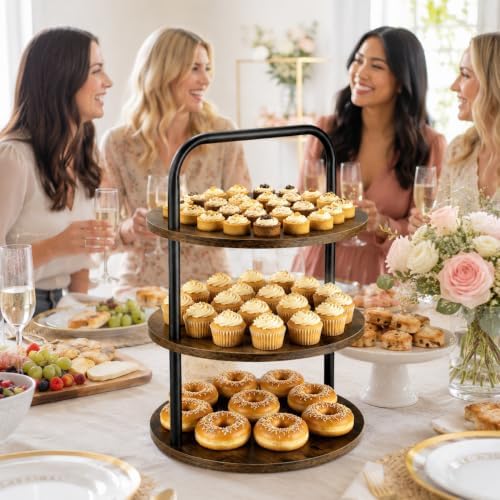 3-Tier Wood Serving Stand, 50 Cupcakes Round Tiered Display Tray with