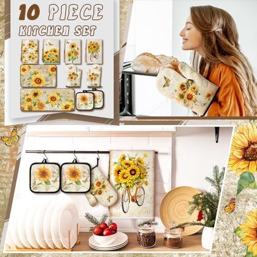 Fourluoo 10-Piece Sunflower Kitchen Decor Set, Retro Yellow