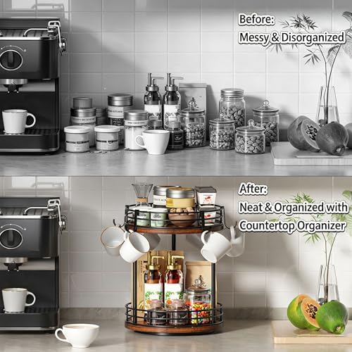 Rotating Coffee Mug Holder Rack Stand, 2 Tier Wooden Coffee Station