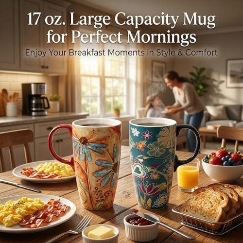 Topadorn Set of 2 Ceramic Travel Mugs with Lid, 17oz Ceramic Coffee