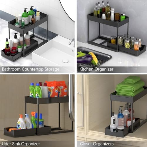 2 Pack black Under Sink Organizers and Storage, 2-Tier Sliding Cabinet Basket Organizer with Hooks, Multi-Purpose Under Sink Organizers and Storage for Bathroom Kitchen