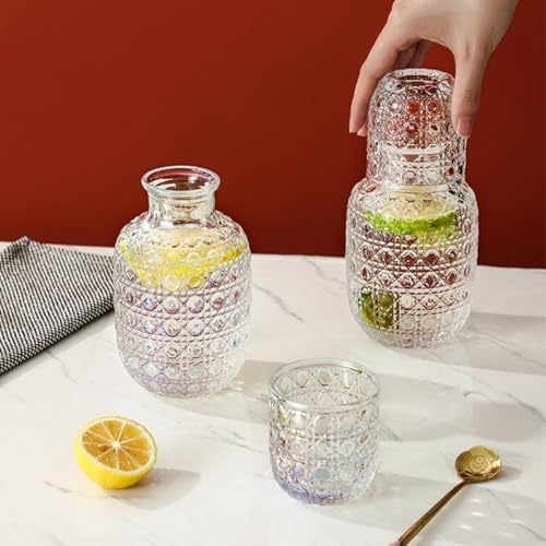 Set of 2 Vintage Bedside Water Carafe and Glass Set, Embossed Night