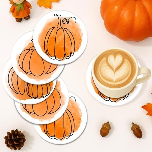 Britimes Coasters for Drinks, Set of 6, Ceramic Stone, Pumpkin Fall