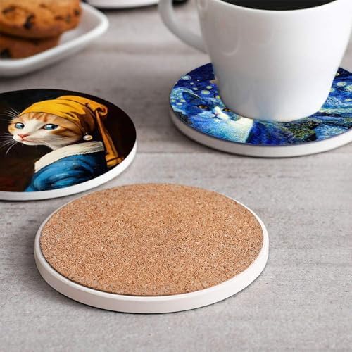 4inch Round Fun cat-Themed Marble Coaster with Storage Rack 8pcs
