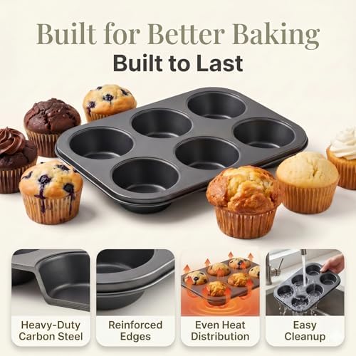 Jumbo Muffin Pan 2 Pack, Extra Large Muffin Tin 6 Cup Includes 100