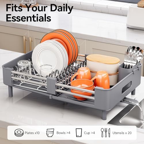 Urackify Extendable Stainless Dish Drying Rack, Gray