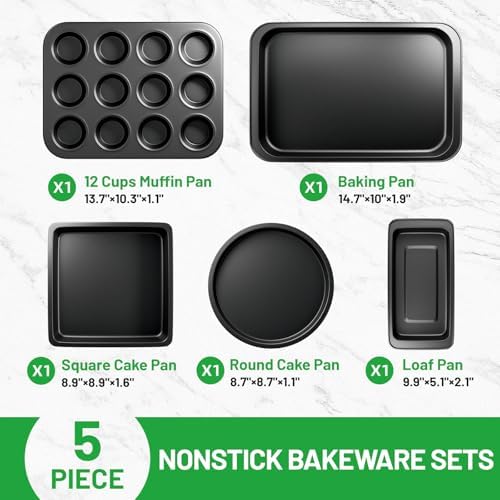 5-Piece Baking Pans Set, Nonstick Bakeware Sets, Black