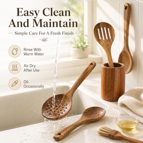 10-Piece Natural Teak Wood Kitchen Utensil Set with Holder