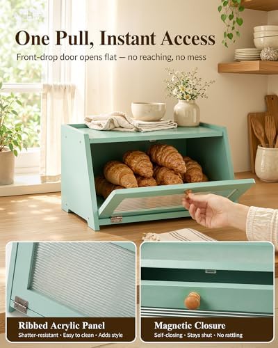 Bread Box for Kitchen Countertop: Large Capacity Farmhouse Bread Bin with Acrylic Window, Storage Container for Homemade Bread, Large Bread Holder for Kitchen Counter, Pantry Shelf
