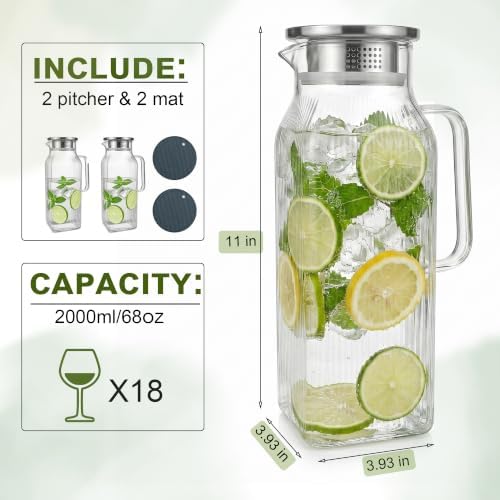 2 Pack 2 Liter/68 oz Glass Pitcher with Lid, Square Glass Water