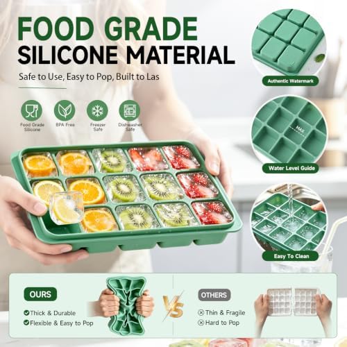 Tvmania Ice Cube Trays Set of 2, 15-Cube Silicone Molds with Removable