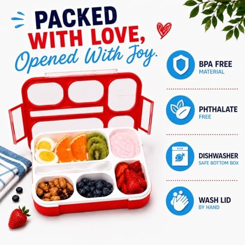 kinsho Bento Lunch Box Containers for Kids, Set of 2 (Red & Navy Blue)