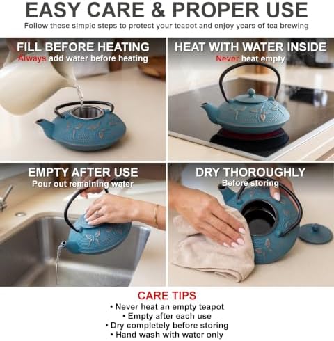 Blue Butterfly Cast Iron Tea Set, 2 Cups, 2 Saucers, Infuser & Trivet
