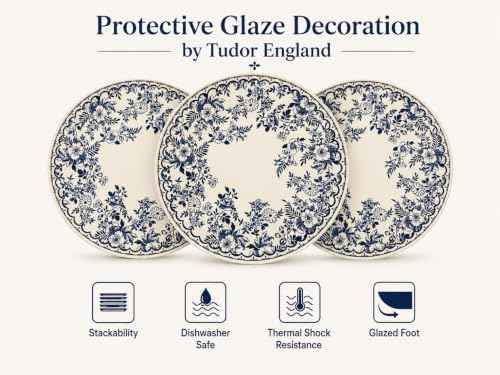 TUDOR ROYAL 12-Piece Porcelain Round Dinnerware Set, Service for 4, MING FLOWER Design, Blue Floral, Plates Bowls Dishes, Premium Quality Tableware, Unique Pattern, Glossy