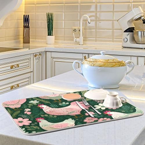 OTVEE Charming Hen Flower Decor Dish Drying Mat for Kitchen Counter