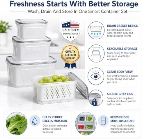 Fruit Storage Containers, Produce Saver Bins With Drain Basket And