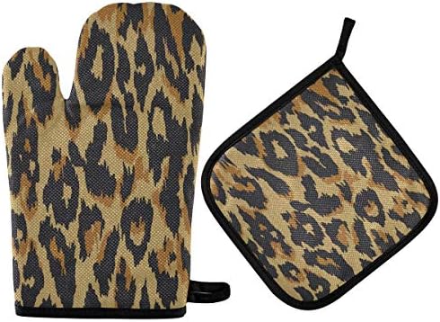 QMXO Animal Leopard Skin Oven Mitts Quilted Cotton Lining Potholders