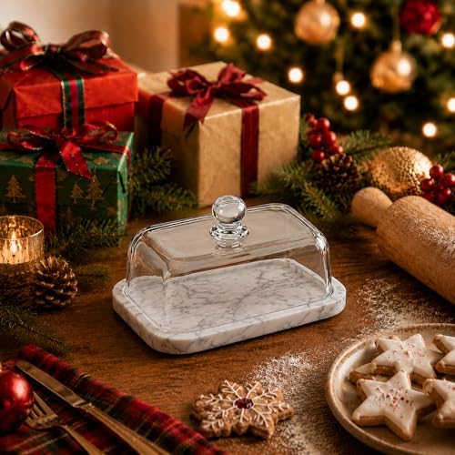 White Marble Butter Dish with Glass Lid, 7.2 x 5 In