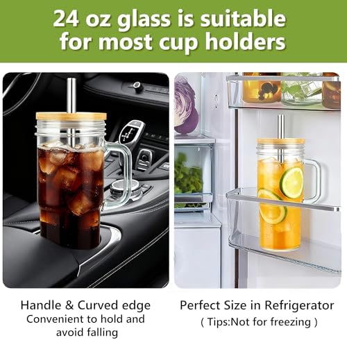 Birity 24oz Glass Tumbler with/Lid & Straw, Handle 2‐Pack Iced Coffee