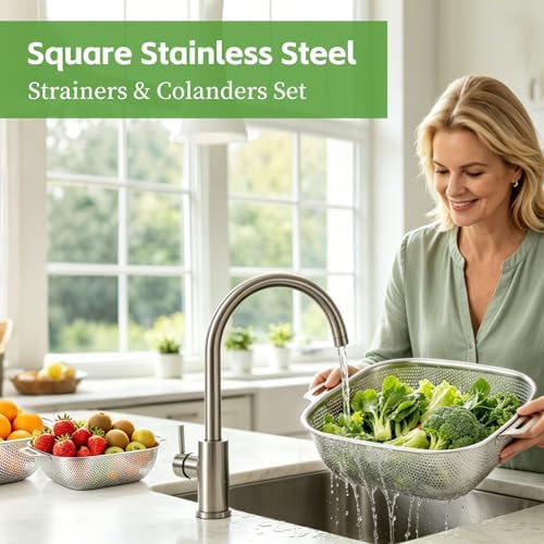 6QT 3-Piece Square Stainless Steel Colander Set w/Handle, Microporous High Foot Strainer for Spaghetti & Veggies Draining, Dishwasher Safe, Gift Box Packed Kitchen Draining Tool (6QT+4QT+2.4QT)