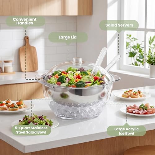 Chilled Serving Bowl on Ice, Salad Bowl with Lid, 5 QT Stainless Steel