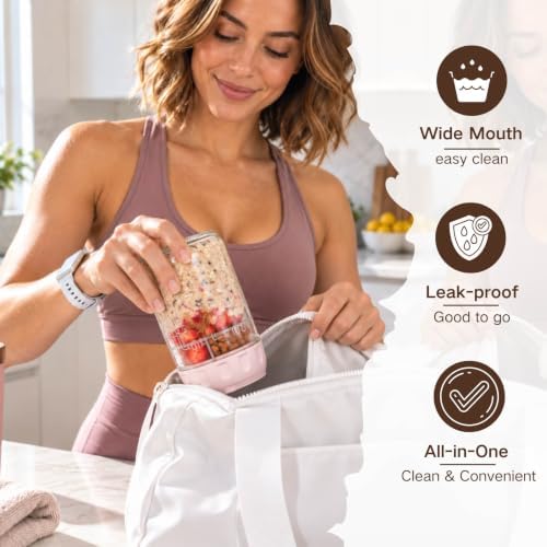 4 Pack Overnight Oats Containers with Lids, Spoons, Snack Cups & Steel