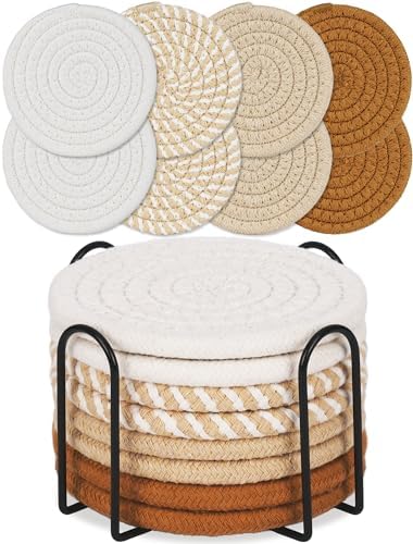 8 Pcs Drink Coasters with Holder, Boho Minimalist Cotton Woven