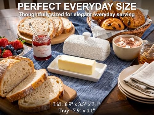 Large Ceramic Butter Dish with Lid, 7.9 x 4.1 x 3.1 Inches, Embossed