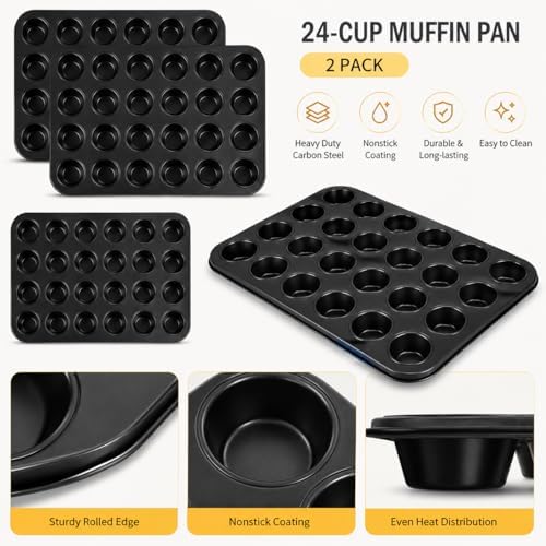 2 Pack 24-Cup Mini Muffin Pan, Nonstick Carbon Steel Mini Cupcake