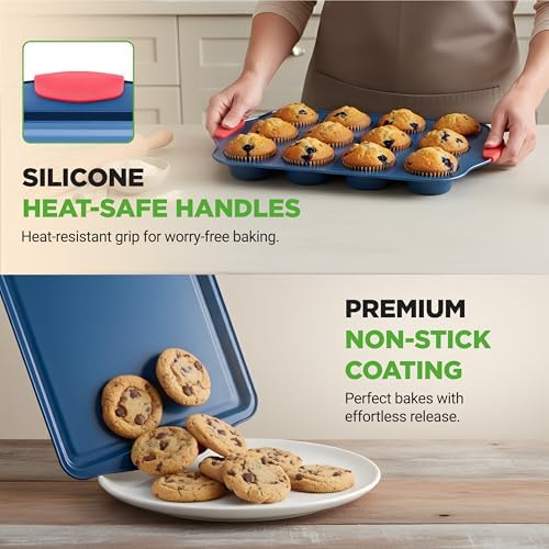 NutriChef 10-Piece Nonstick Bakeware Set - Premium Carbon Steel Baking Pans w/Silicone Handles - Includes Pizza Tray with Holes, 12 & 24 Cup Muffin Pans, Cookie Sheets, Round, Square & Loaf Pan - Blue