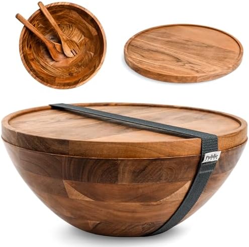Public House Large Wooden Salad Bowl Set 12.5 Inch with Serving