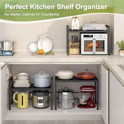 Expandable-Metal-Storage-Shelves-For-Pantry Kitchen Garage, 120lbs Heavy Duty Shelving Units For Small Appliance For Countertop Cabinets, Adjustable Shelf Organizer Riser Rack For Closet Warehouse