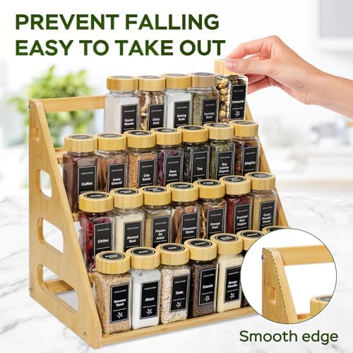 4Tier Bamboo Spice Rack Organizer with 28 Glass Spice Jars Empty 4 oz