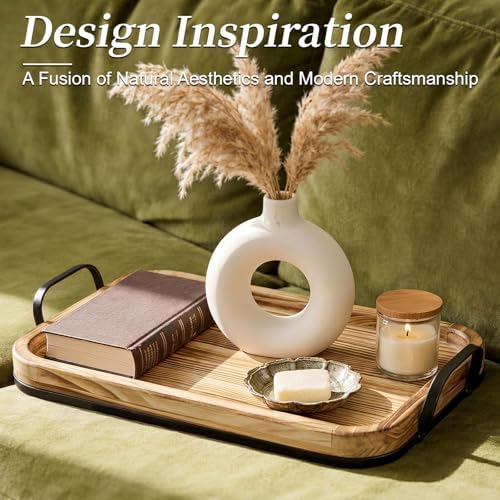 15 Inch Wood Serving Tray with Metal Handles, Sturdy Ottoman Tray
