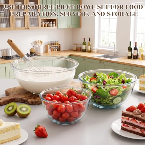 3 Pack Large Glass Mixing Bowl Set 7QT, 4.4QT, 2.2QT Borosilicate