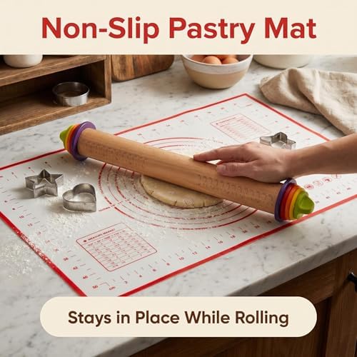 Adjustable Rolling Pin with Thickness Rings & Silicone Baking Mat