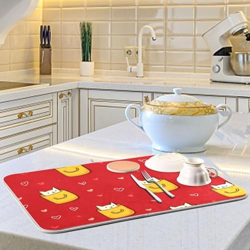 OTVEE Cartoon Cat Pattern Dish Drying Mat for Kitchen Counter